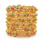 Antique Floral Bangle Set – 925 Sterling Silver – Gold Plated / Antique Color – Antique Gold and Green High Quality Zircon