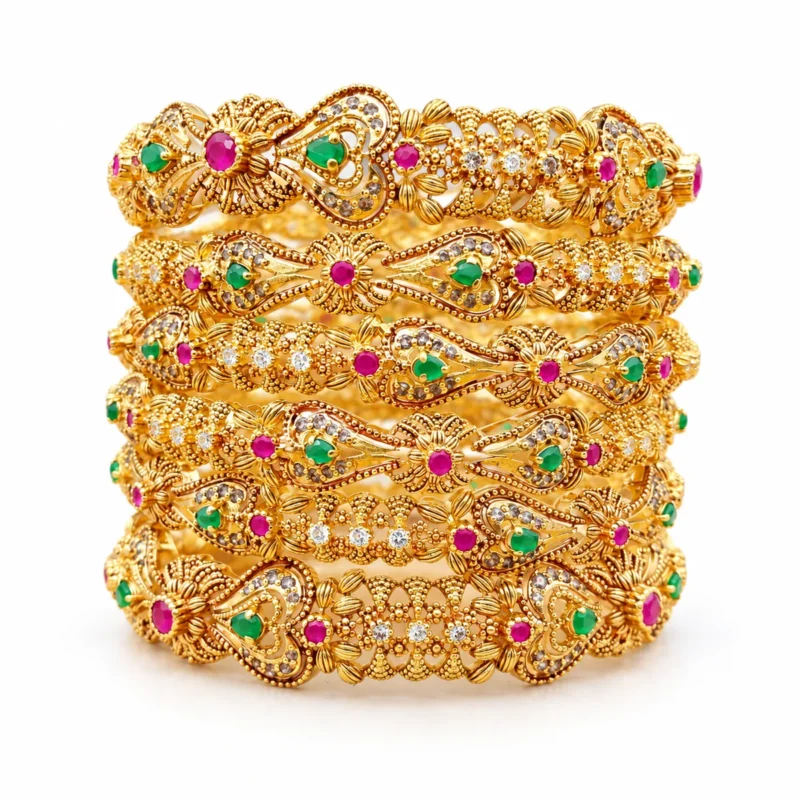 Antique Floral Bangle Set &ndash; 925 Sterling Silver &ndash; Gold Plated / Antique Color &ndash; Antique Gold and Green High Quality Zircon