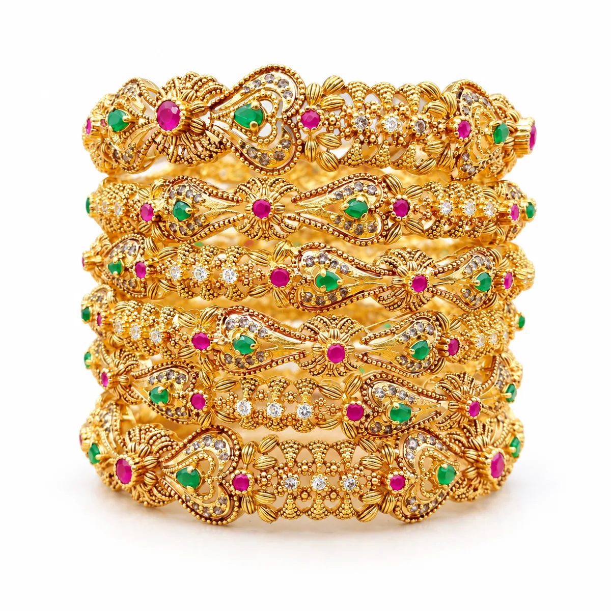 Antique Gold Plated Pink and Green Zircon Bangle Set – 925 Sterling Silver, 55 g – Main Image Antique Floral Bangle Set – 925 Sterling Silver – Gold Plated / Antique Color – Antique Gold and Green High Quality Zircon