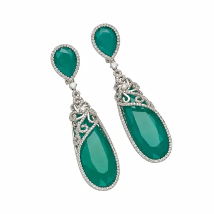 Teardrop Dangle Earrings with Ornate Scrollwork – 925 Sterling Silver – Deep Rhodium Plated