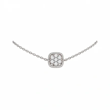Cushion-Shaped Floral Zircon Cluster on Fine Link Chain – 925 Sterling Silver – Deep Rhodium Plated