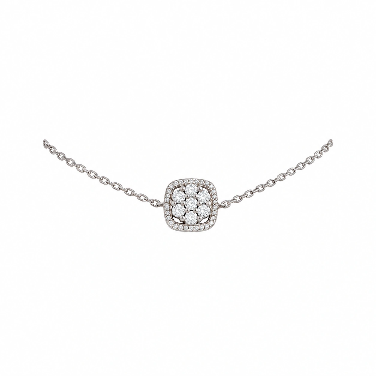 Rhodium Plated White Zircon Cushion Cluster Bracelet – 925 Sterling Silver, 12 g – Main Image Cushion-Shaped Floral Zircon Cluster on Fine Link Chain – 925 Sterling Silver – Deep Rhodium Plated