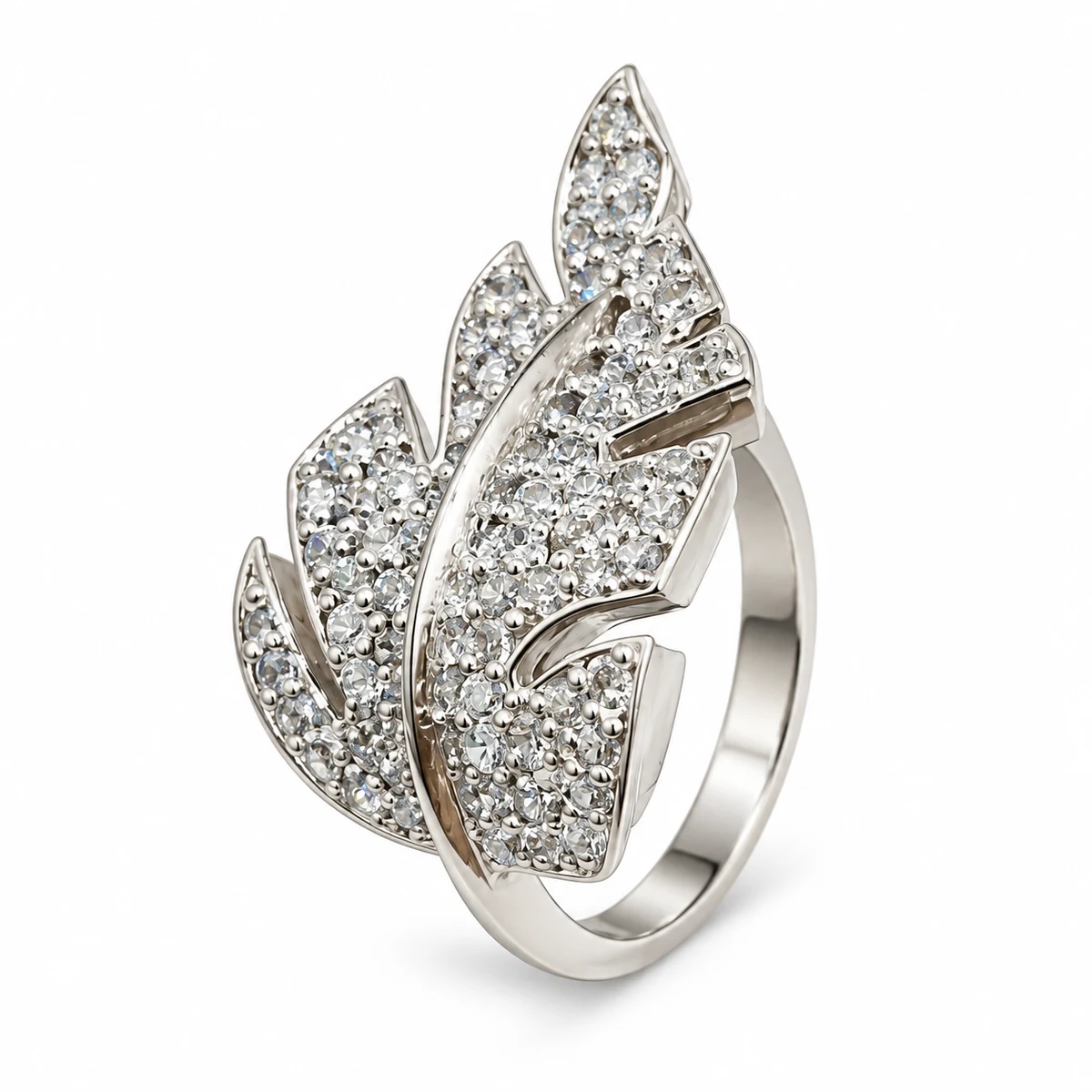 925 Sterling Silver White Zircon Feather Statement Ring – 7 g – Main Image Feather – 925 Sterling Silver – Deep Rhodium Plated – Silver and White High Quality Zircon
