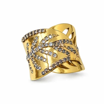Wide Leaf Pattern – 925 Sterling Silver – Gold Plated – Gold and White High Quality Zircon