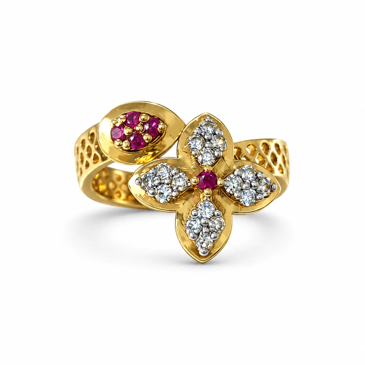 Gold Plated Red & White Zircon Flower Ring – 925 Sterling Silver, 5 g – Main Image Flower – 925 Sterling Silver – Gold Plated – Gold and Red High Quality Zircon