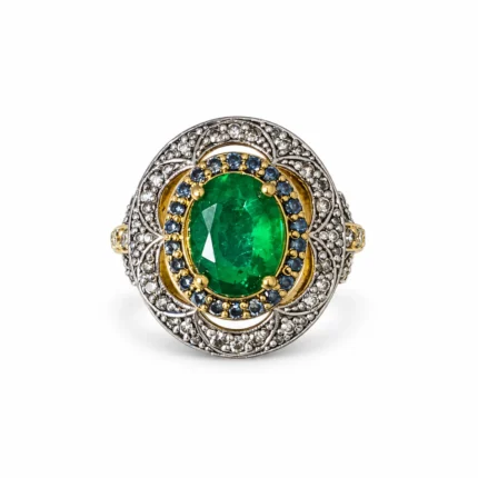 Oval Halo – 925 Sterling Silver – Gold Plated – Gold and Green High Quality Zircon