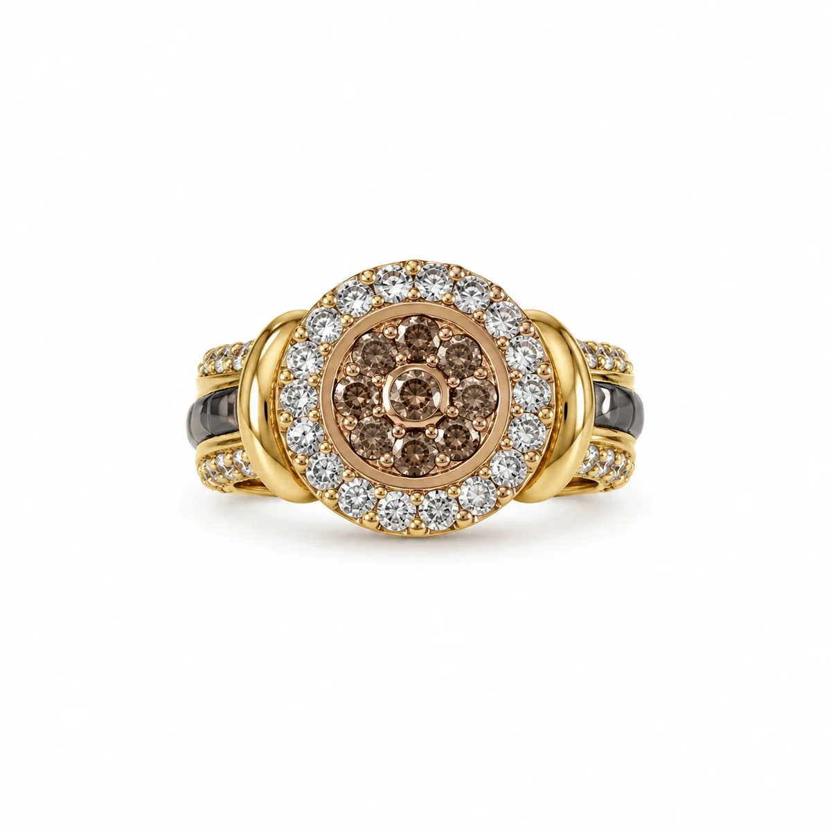 Gold Plated Brown & White Zircon Halo Ring, 6 g – Main Image Round Halo – 925 Sterling Silver – Gold Plated – Brown and Gold High Quality Zircon