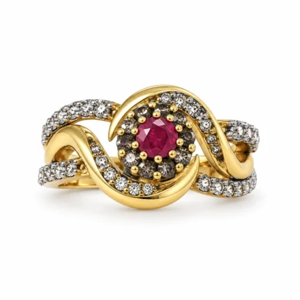 Round Halo – 925 Sterling Silver – Gold Plated – Gold and Red High Quality Zircon