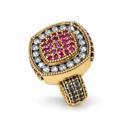 Cushion Cluster Halo – 925 Sterling Silver – Gold Plated – Gold and Red High Quality Zircon