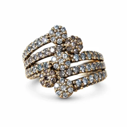 Double Flower Bypass – 925 Sterling Silver – Gold Plated – Brown and Gold High Quality Zircon