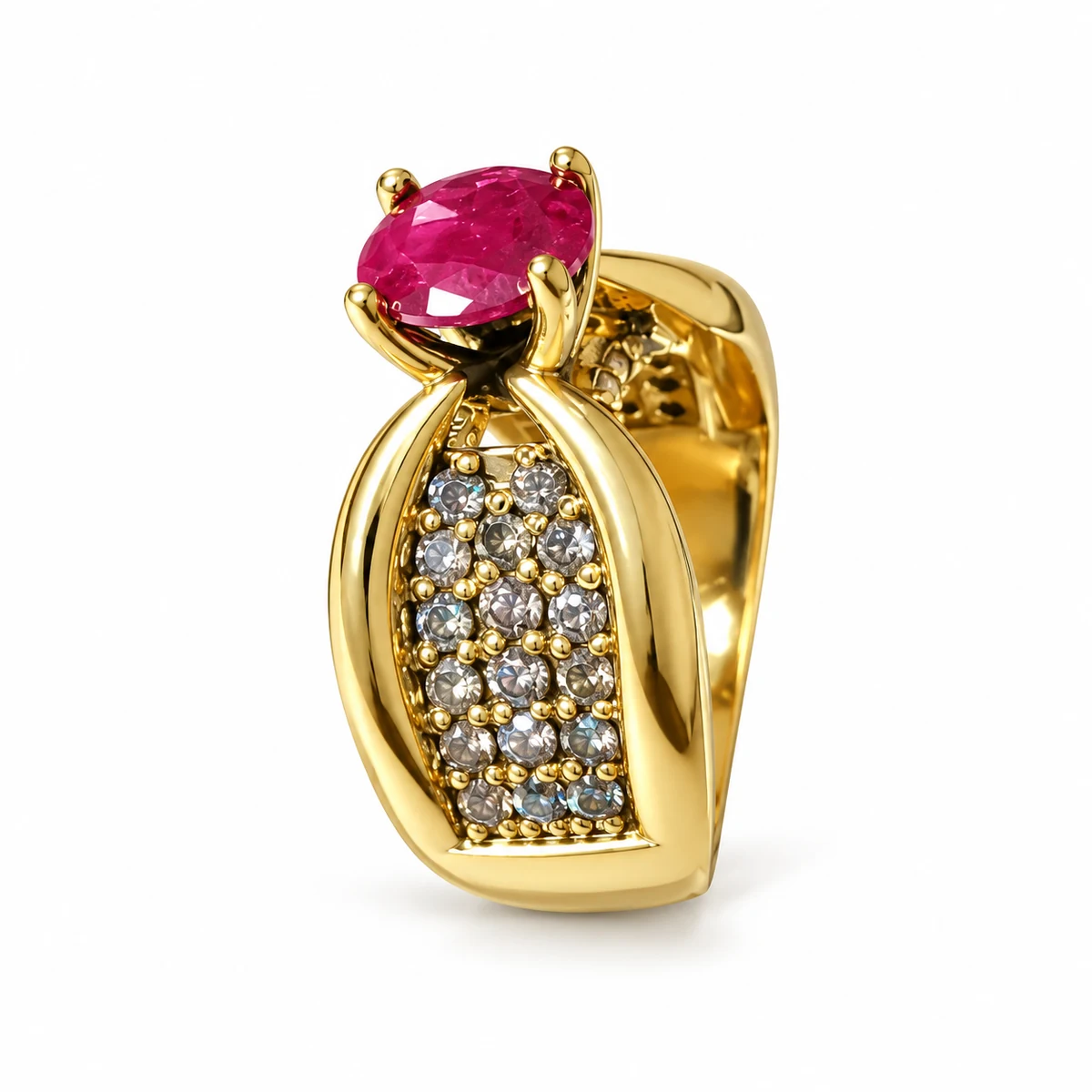 Gold Plated Red Stone & White Zircon Pave Ring, 6 g – Main Image Pave – 925 Sterling Silver – Gold Plated – Gold and Red High Quality Zircon