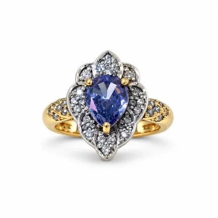 Oval Halo – 925 Sterling Silver – Gold Plated – Blue and Gold High Quality Zircon
