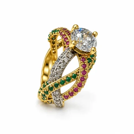 Twisted Pave – 925 Sterling Silver – Gold Plated – Gold and Green High Quality Zircon