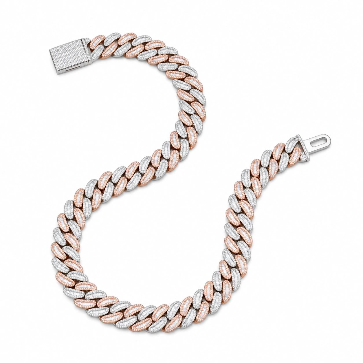 Rose Gold & Silver White Zircon Cuban Link Bracelet – 925 Sterling Silver, 100 g – Main Image Dual-Tone Cuban Links with Baguette and Pavé Zircon – 925 Sterling Silver – Rose Gold / Rhodium Plated