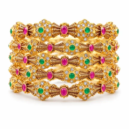 Antique Floral Bangle Set – 925 Sterling Silver – Gold Plated / Antique Color – Antique Gold and Pink High Quality Zircon