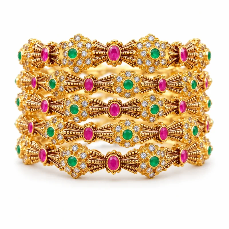 Antique Floral Bangle Set &ndash; 925 Sterling Silver &ndash; Gold Plated / Antique Color &ndash; Antique Gold and Pink High Quality Zircon