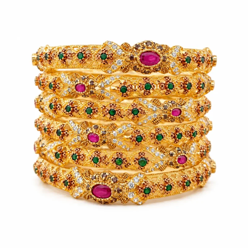 Antique Floral Bangle Set &ndash; 925 Sterling Silver &ndash; Gold Plated &ndash; Gold and Green High Quality Zircon