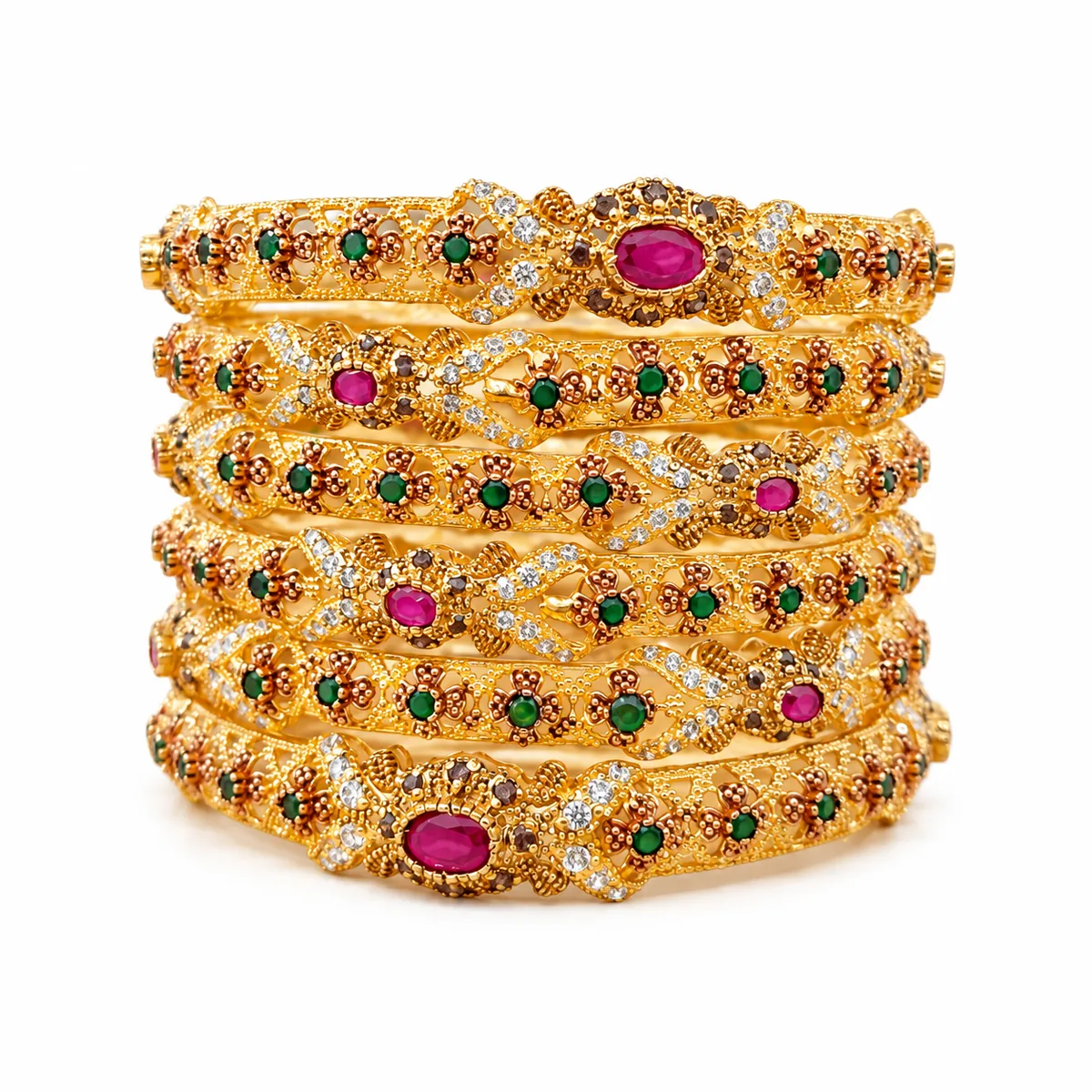 Gold Plated Red and Green Bangles with Zircon – 925 Sterling Silver, 79 g – Main Image Antique Floral Bangle Set – 925 Sterling Silver – Gold Plated – Gold and Green High Quality Zircon