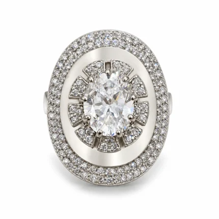 Oval Solitaire Halo – 925 Sterling Silver – Deep Rhodium Plated – Silver and White High Quality Zircon