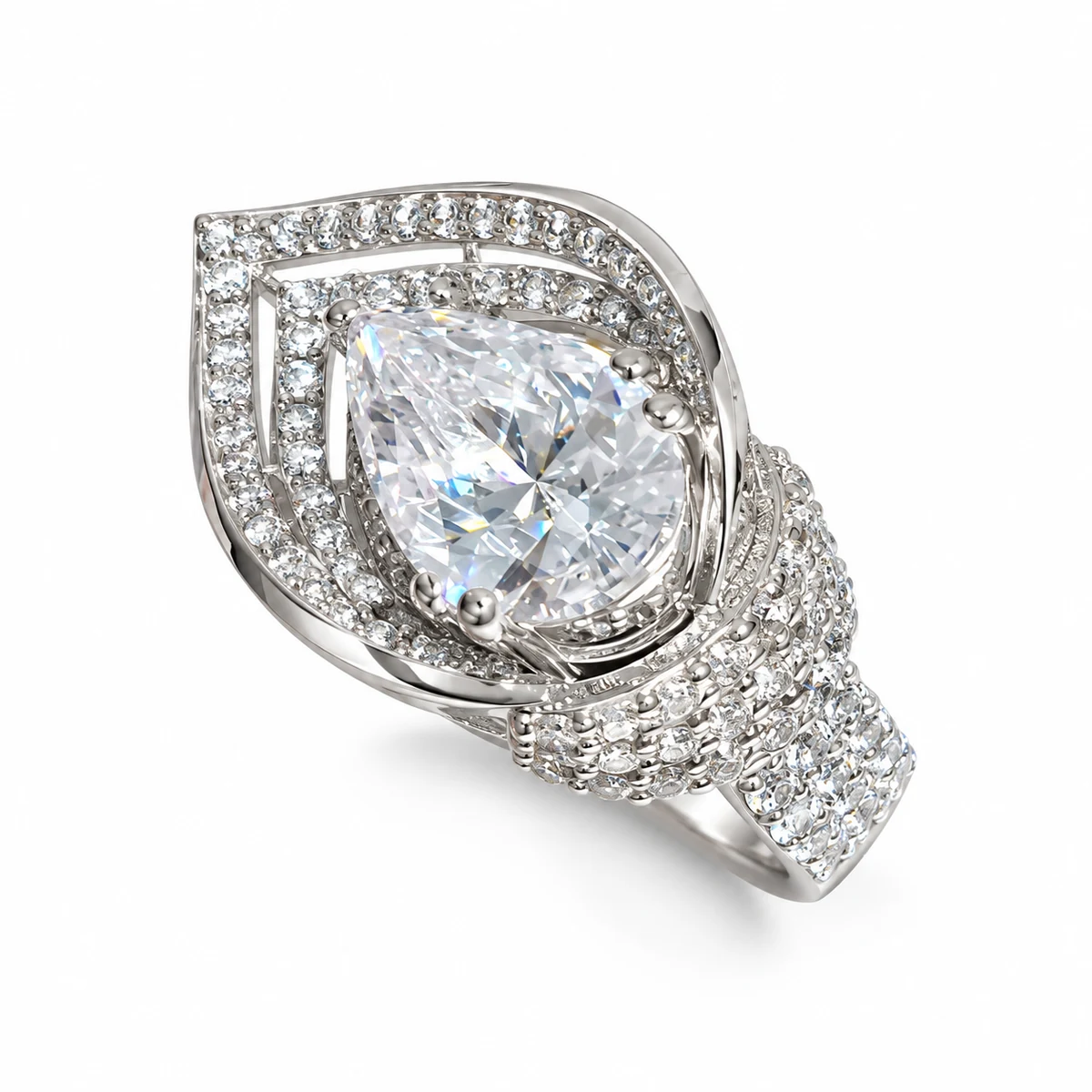 925 Sterling Silver White Zircon Pear Double Halo Ring – 7 g – Main Image Pear Double Halo – 925 Sterling Silver – Deep Rhodium Plated – Silver and White High Quality Zircon
