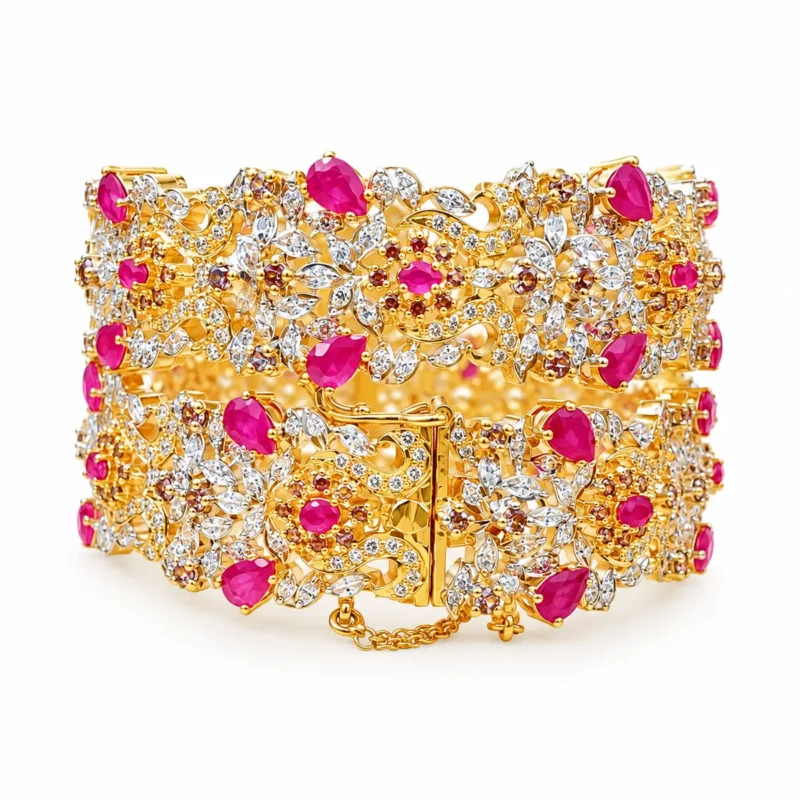 Antique Floral Bangle Set &ndash; 925 Sterling Silver &ndash; Gold Plated / Antique Color &ndash; Antique Gold and Pink High Quality Zircon