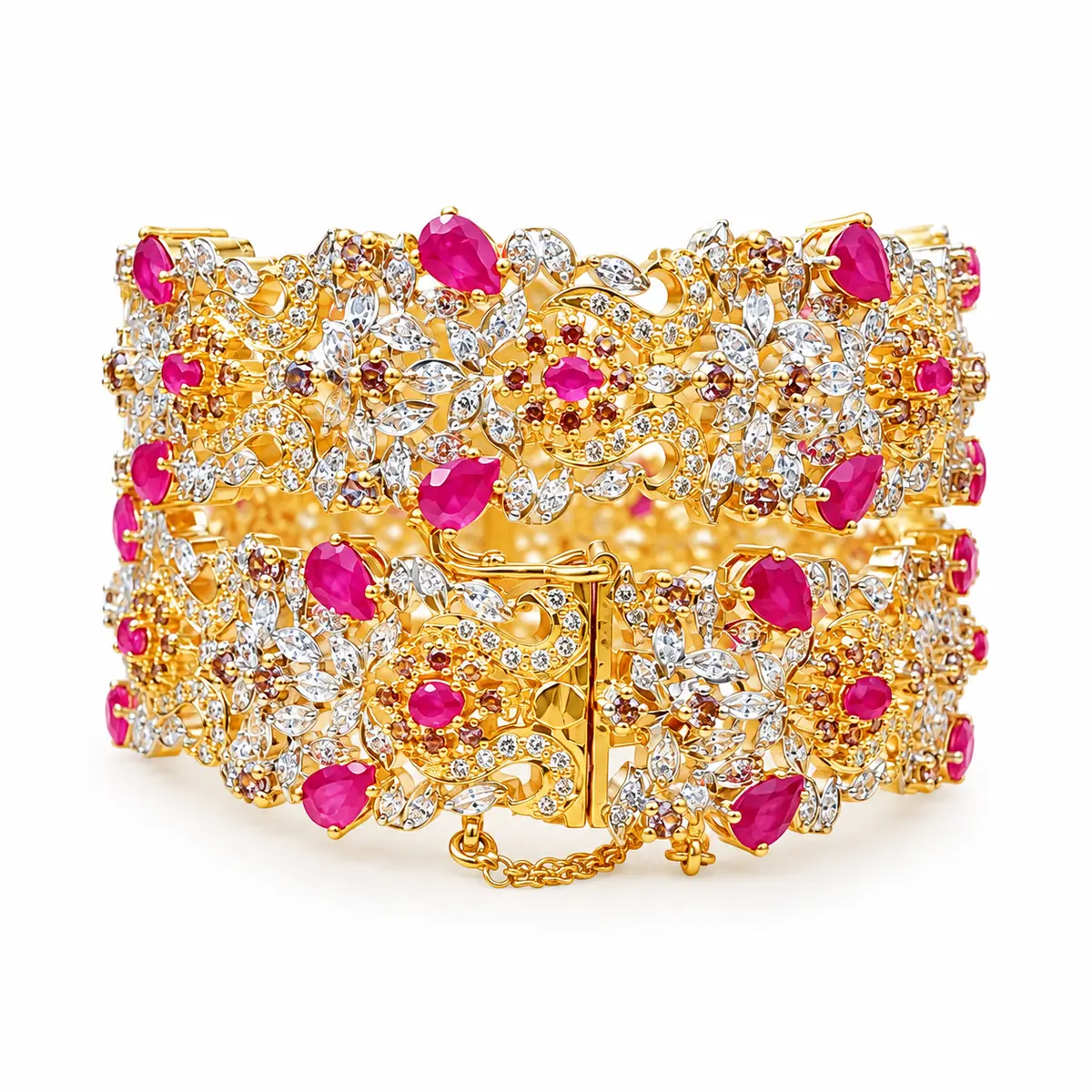 Antique Gold Plated Pink and White Zircon Bangle Set – 925 Sterling Silver, 67 g – Main Image Antique Floral Bangle Set – 925 Sterling Silver – Gold Plated / Antique Color – Antique Gold and Pink High Quality Zircon