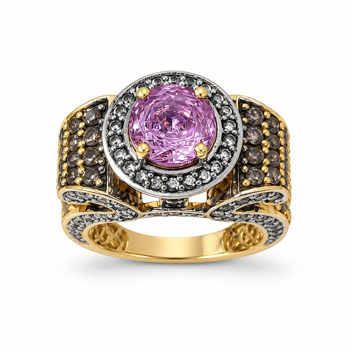 Gold Plated Purple Stone & White Zircon Halo Ring, 9 g – Main Image Oval Halo with Scroll Shoulders – 925 Sterling Silver – Gold Plated – Gold and Purple High Quality Zircon