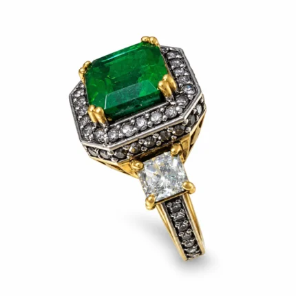 Rectangular Three Stone Halo – 925 Sterling Silver – Gold Plated – Gold and Green High Quality Zircon