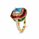 Octagonal Enamel Halo – 925 Sterling Silver – Gold Plated – Blue and Gold High Quality Zircon