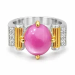 Oval Cabochon – 925 Sterling Silver – Gold Plated, Rhodium finished – Gold and Silver High Quality Zircon, Pink Stone