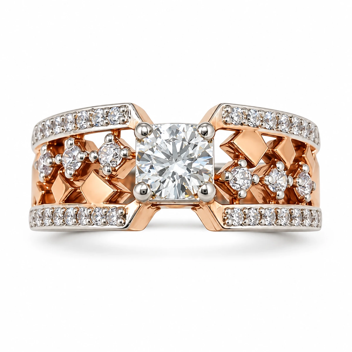 Rose Gold Plated White Zircon Geometric Lattice Ring, 9 g – Main Image Geometric Lattice – 925 Sterling Silver – Rose Gold Plated, Rhodium Plated – Rose Gold and Silver High Quality Zircon