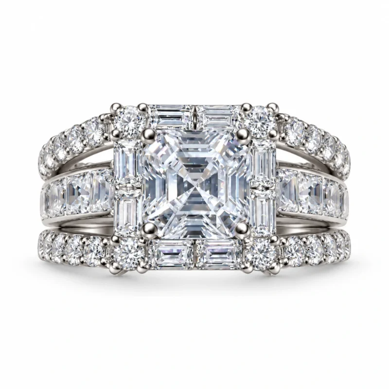 Square Stone / Three-Row Band &ndash; 925 Sterling Silver &ndash; Deep Rhodium Plated &ndash; Silver and White High Quality Zircon