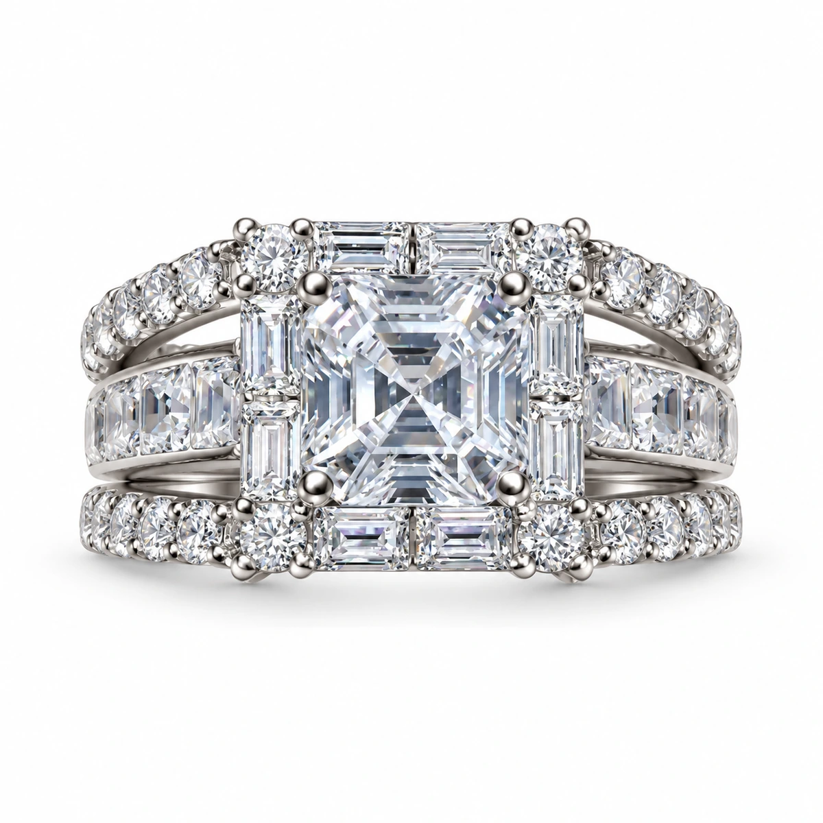 Rhodium Plated White Zircon Square Ring, 10 g – Main Image Square Stone / Three-Row Band – 925 Sterling Silver – Deep Rhodium Plated – Silver and White High Quality Zircon